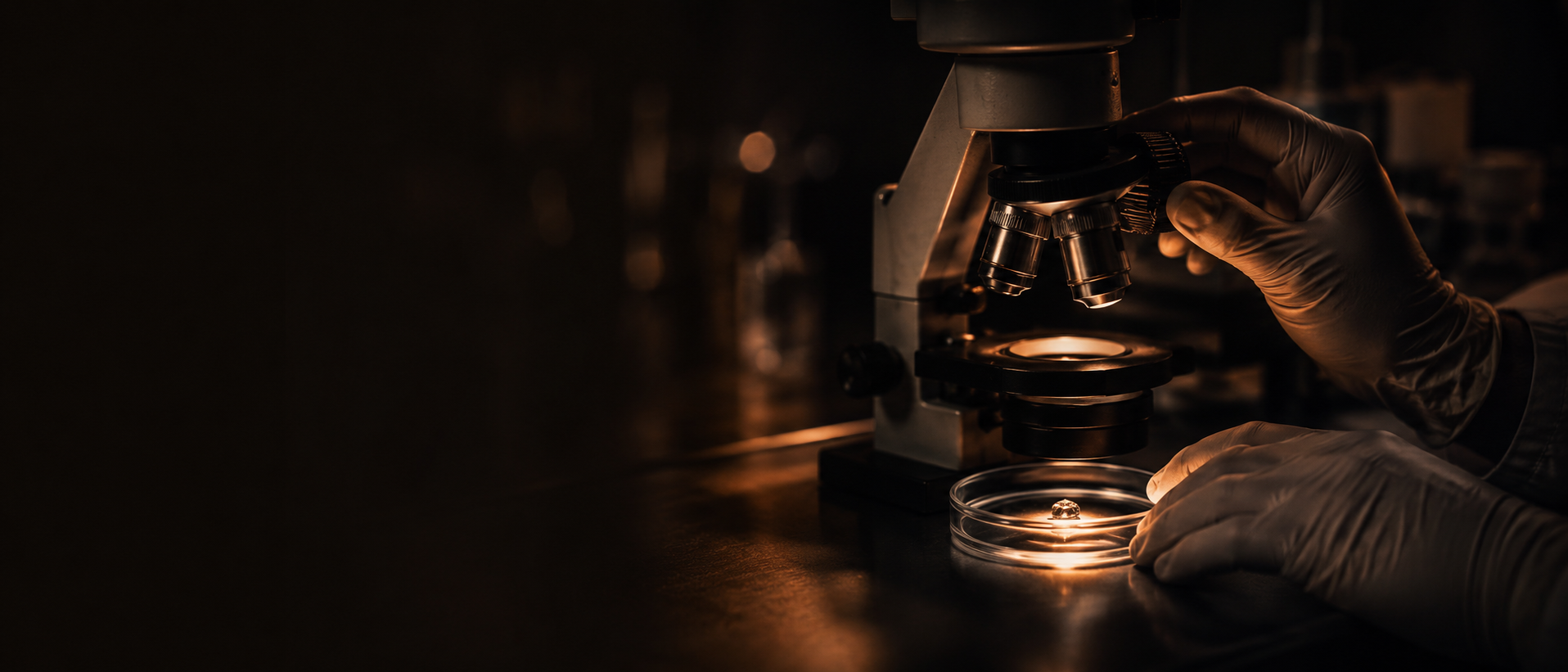 Embriólogo evaluando una muestra bajo microscopio en el laboratorio